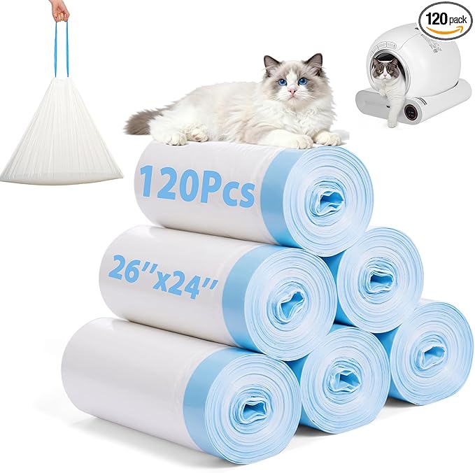 120 Pack Cat Litter Box Liners, 26.4" x 23.6" Automatic Litter Box Bags, 3MIL Extra Thick Leakproof Cat Litter Bags, Compatible with Litter Robot 3 & 4, 10-12 Gallon Heavy Duty Drawstring Waste Bags