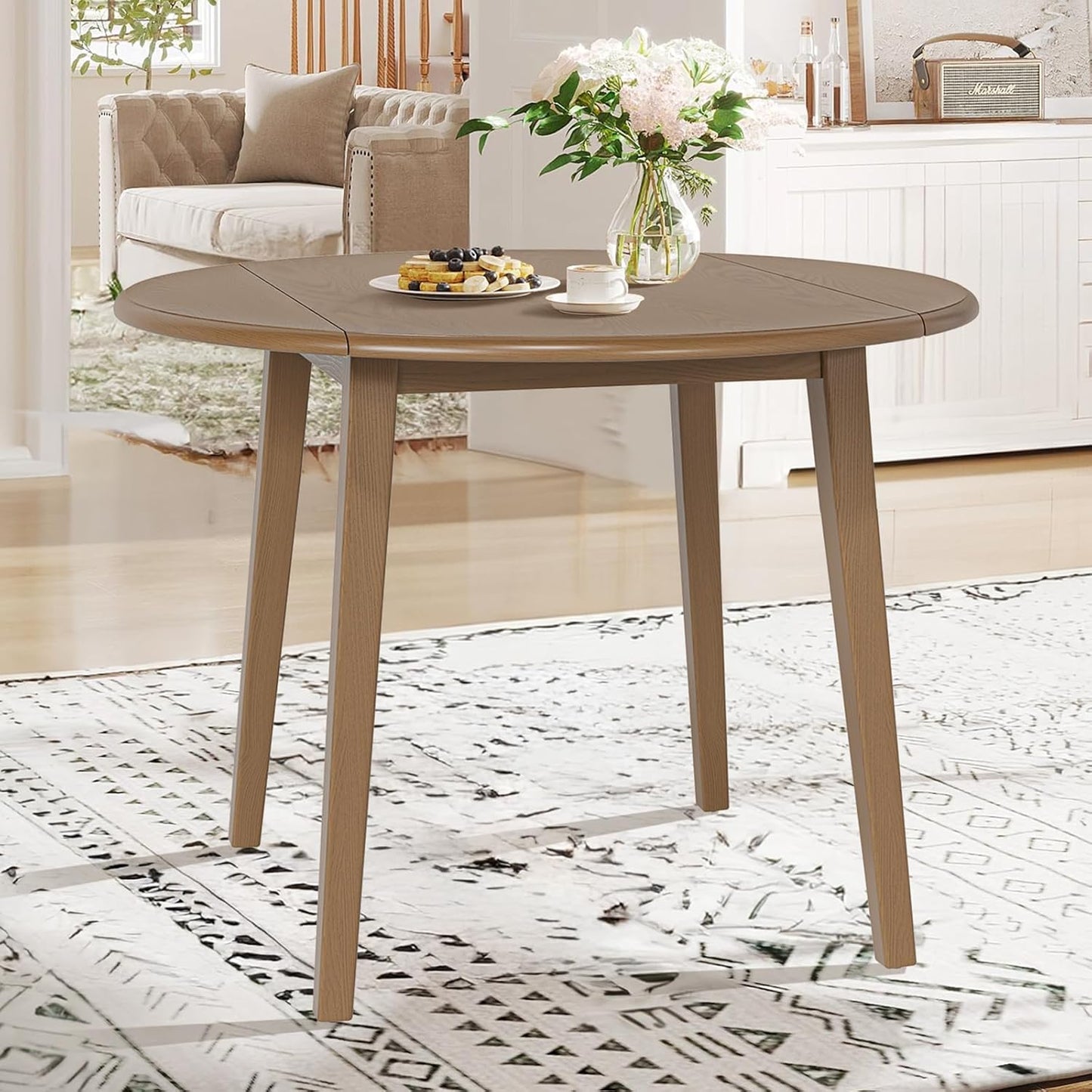 COLAMY 3-Piece Extendable Dining Set for 2, 36" Kitchen Round Wood Table with 2 Nailhead Dining Room Chairs,Light Brown/Beige