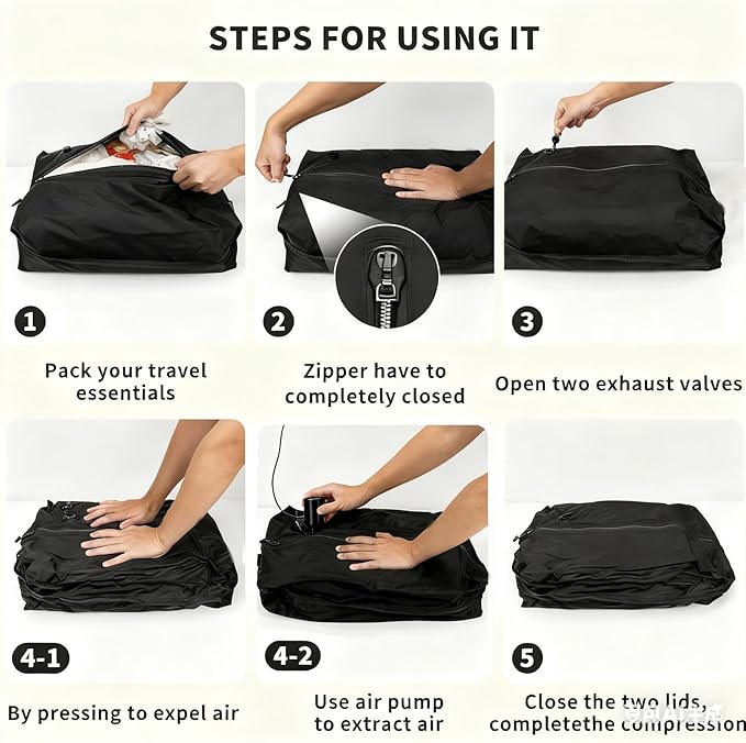 Vacuum Storage Bags for Travel with Portable Pump, Upgraded Vacuum Compression Bags for Travel, IPX8 Waterproof Zipper & 420D Nylon, Includes Electric Pump, Save 60% Luggage Space, 5-7 Day Trip
