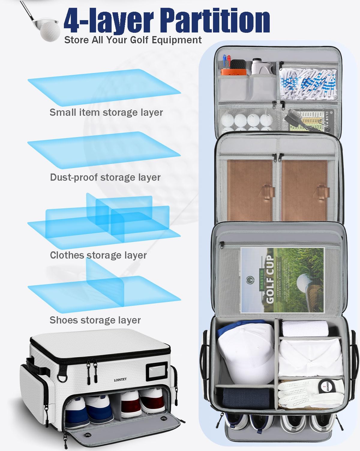 Golf Trunk Organizer, Waterproof Car Golf Locker with Separate Ventilated Compartment for 2 Pair Shoes, Golf Storage for Balls, Tees, Cap, Clothes, Gloves, Accessories, Gifts for Men, Women