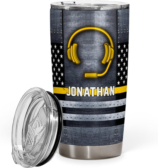911 Dispatcher Half Thin Gold Line American Flag 20oz Tumbler With Lid - Gifts For 911 Dispatchers Academy Graduation Retirement Birthday Gifts