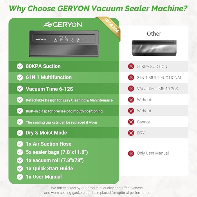 GERYON Vacuum Sealer Machine, Food Vacuum Sealer with Powerful Suction | Slim Design | Easy to Use | Led Indicator Lights for Sous Vide, Meal Prep, w/Starter Kits for Vacuum Seal Container (Black）