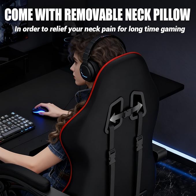 Gaming Chair with Footrest Racing Style Lumbar Support Massager Video Game Chair with Metal Legs, High Back Reclining Gamer Chair with Headrest, 360° Swivel Office Computer Desk Chair (Red)