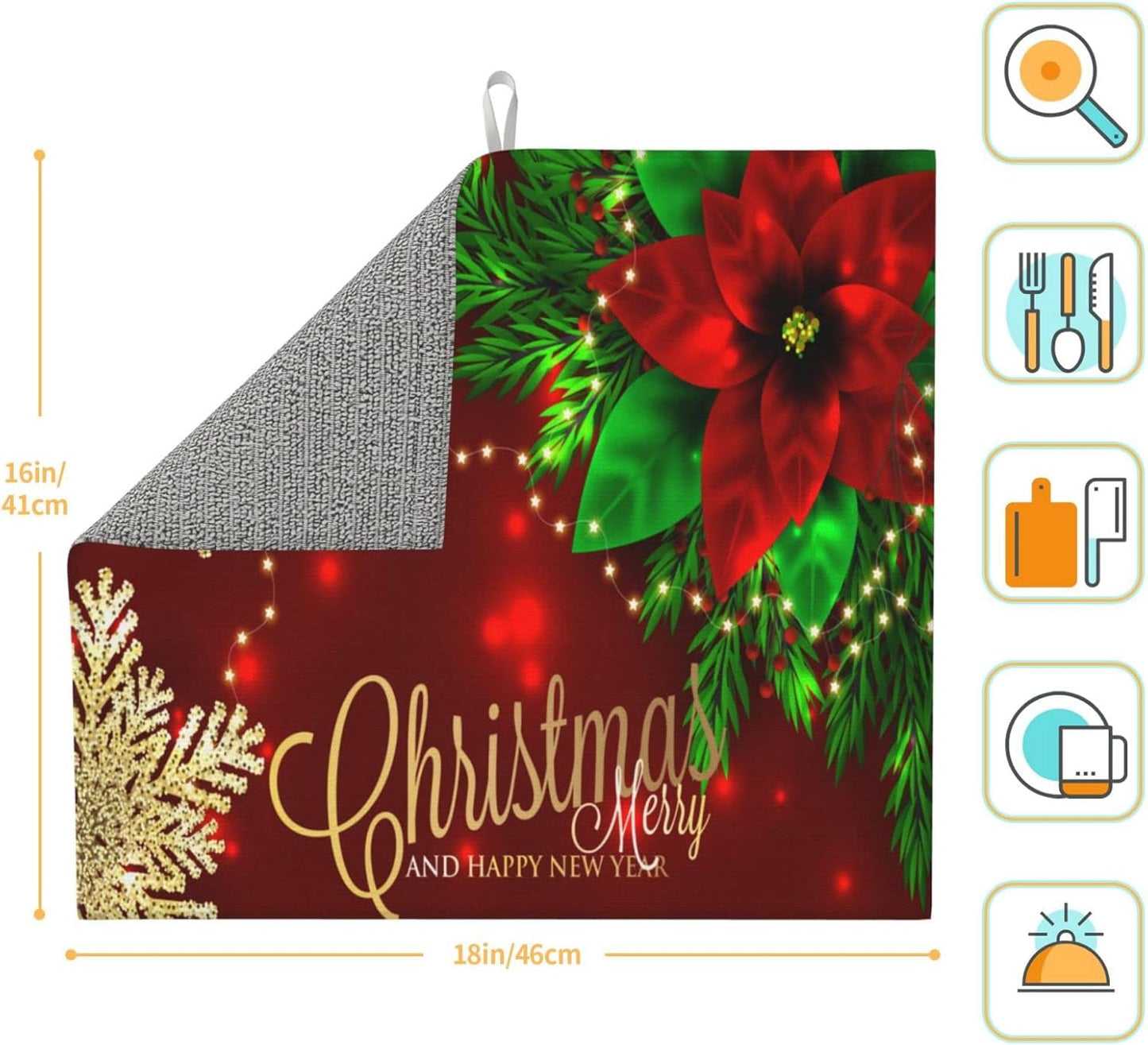 Christmas Dish Drying Mat for Kitchen Counter Poinsettia Gold Snowflake Xmas Absorbent 16x18 Inch Microfiber Dishes Protector Dry Draining Pad Reversible Washable