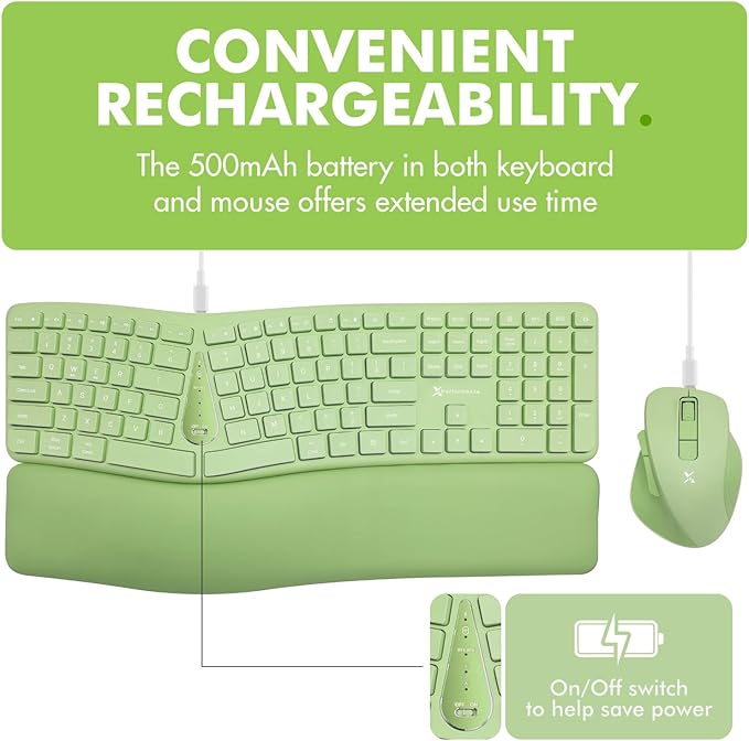X9 Green Ergonomic Keyboard Mouse Wireless Combo - Type Comfortably Longer - 2.4G/Bluetooth Split Keyboard, Multi-Device, Soft Wrist Rest, Rechargeable, Silent Ergo Keys - Laptop, PC, Mac,iOS,Android