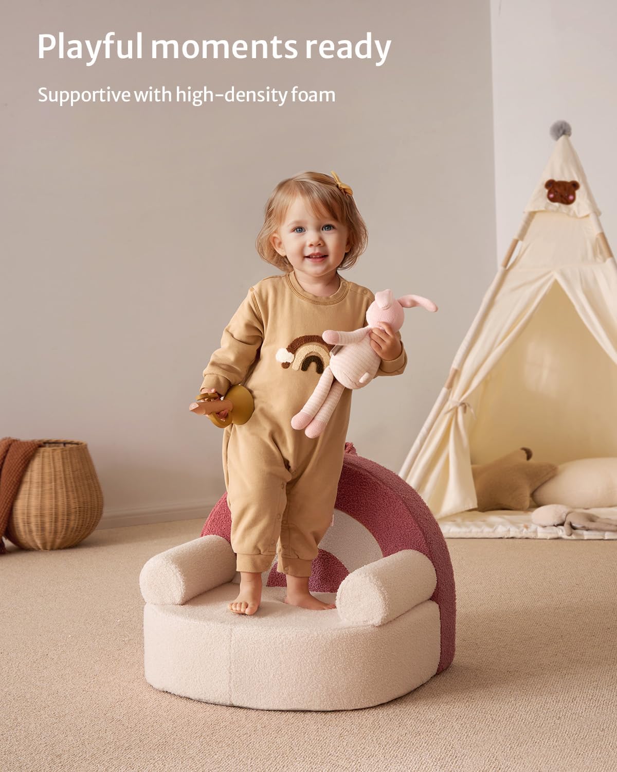 Blissful Diary Toddler Chair Comfy, Foam Kids Chair with Soft Teddy Plush, Toddler Reading Armchair with Cute Arclet Designs- Light Cream