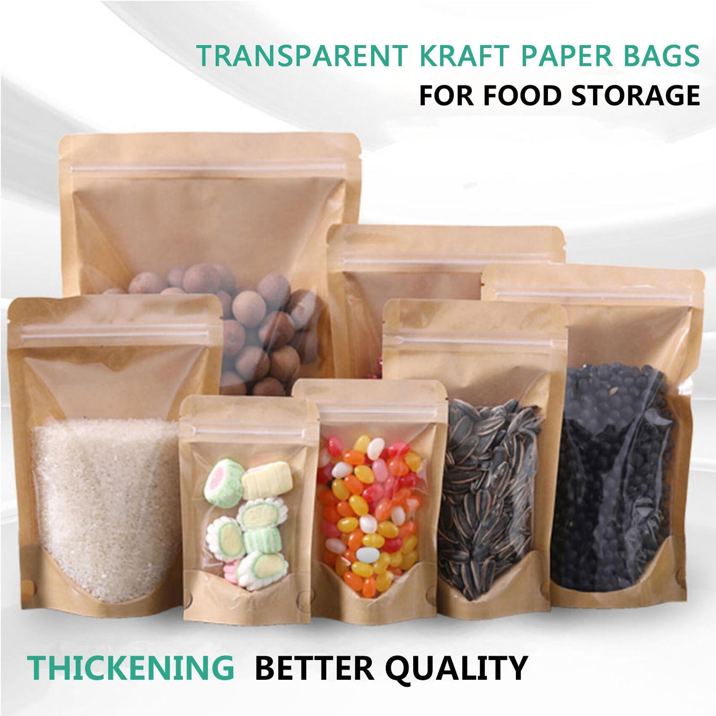 HIBCIGA 50pcs Kraft Bags With Window Clear Fornt Pouches Resealable Stand Up Zip Lock Food Storage Bags Brown 4.7"x7.8"