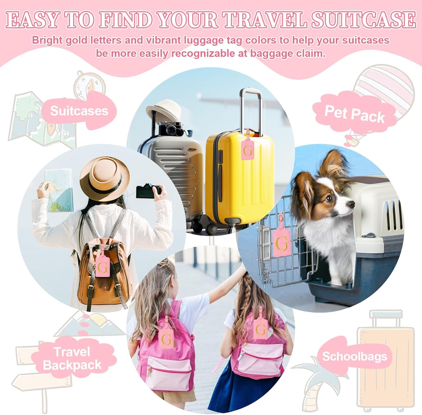 Personalized Initial Luggage Tags for Suitcase, Pink Leather Cute Luggage Tags with Privacy Cover Name Card, Embroidered Custom Monogrammed Luggage Tag Travel Bag Baggage Tags Gifts for Women Kids(G)