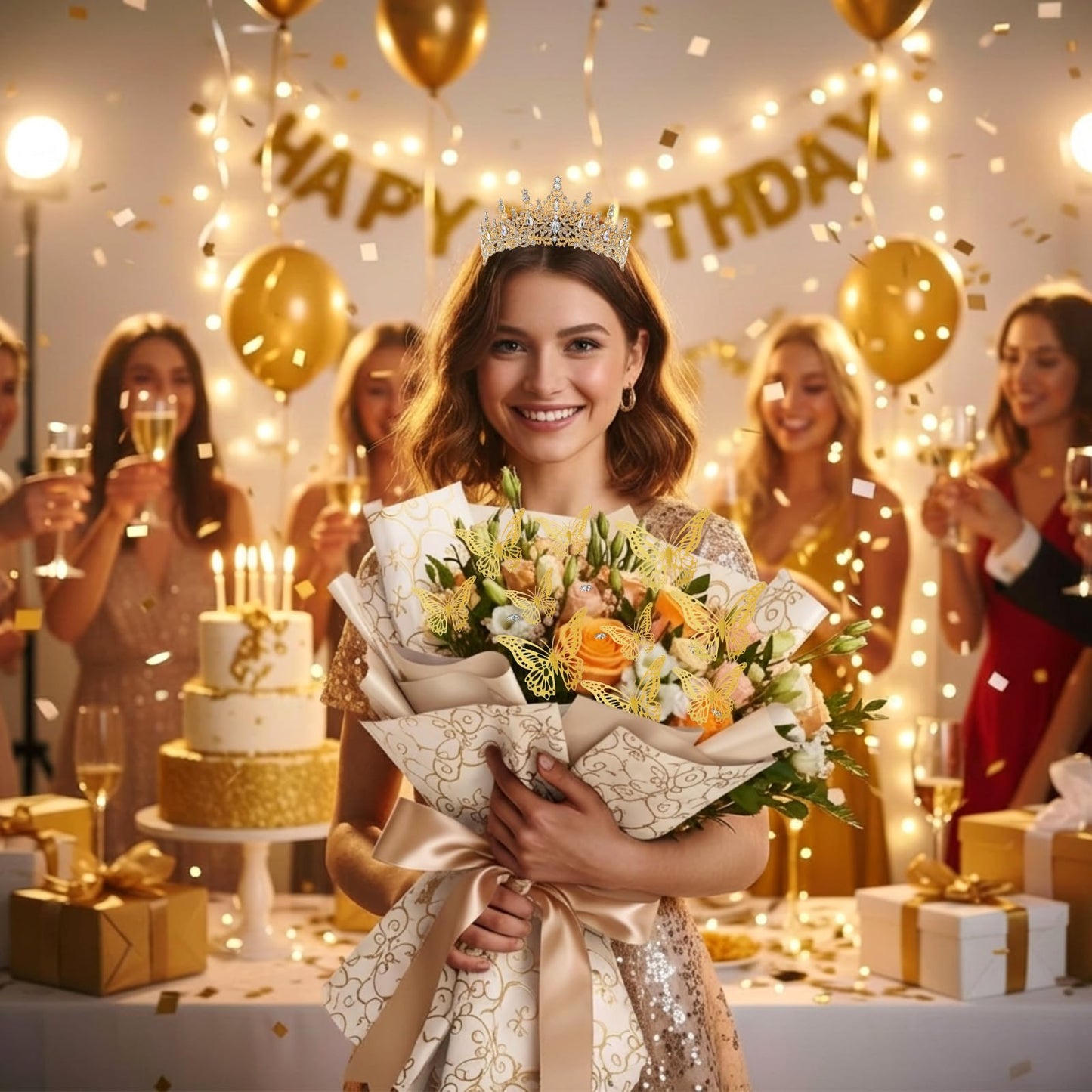 Tondiamo 63 Pcs Flower Bouquet Accessories Include 6.1 x 2.8 Inch Crystal Queen Crown Tiara for Women Bouquet Pins and Butterflies Decor for Flower Arrangements Cake Topper Wedding Birthday(Gold)