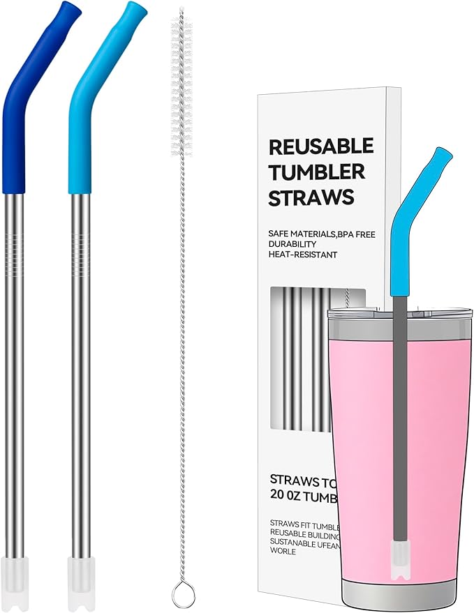 Reusable Metal Straws, 2PACK Stainless Steel Straws with Silicone Tip for 20 oz Tumbler, Long Drinking Replacement Straw for YETI, STANLEY, US Acrylio, BJPKPK, Simple Modern and so on