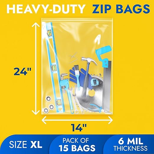 14" x 24" Large Zip Seal Lock Bags, 6 Mil (Pack of 15) – Heavy-Duty Reclosable Plastic Bags – Clear, Resealable, Waterproof – For Storing and Organizing Clothes, Jewelry, and Travel Items