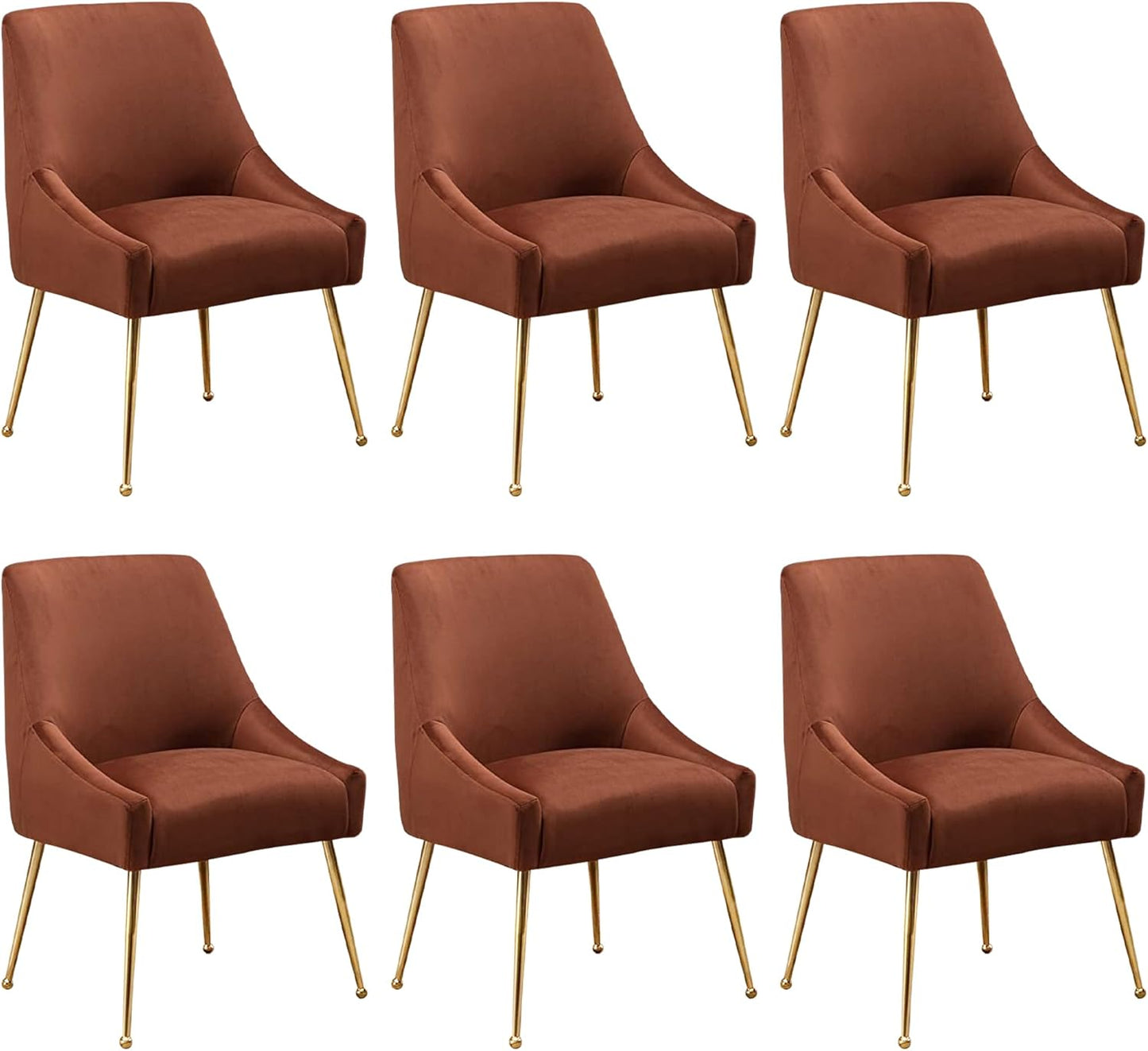 Modern Velvet Dining Chairs Set of 6, Contemporary Upholstered Furniture Collection with Polished Gold Metal Legs, Elegant Accent Chairs for Kitchen Living Room(Brown)