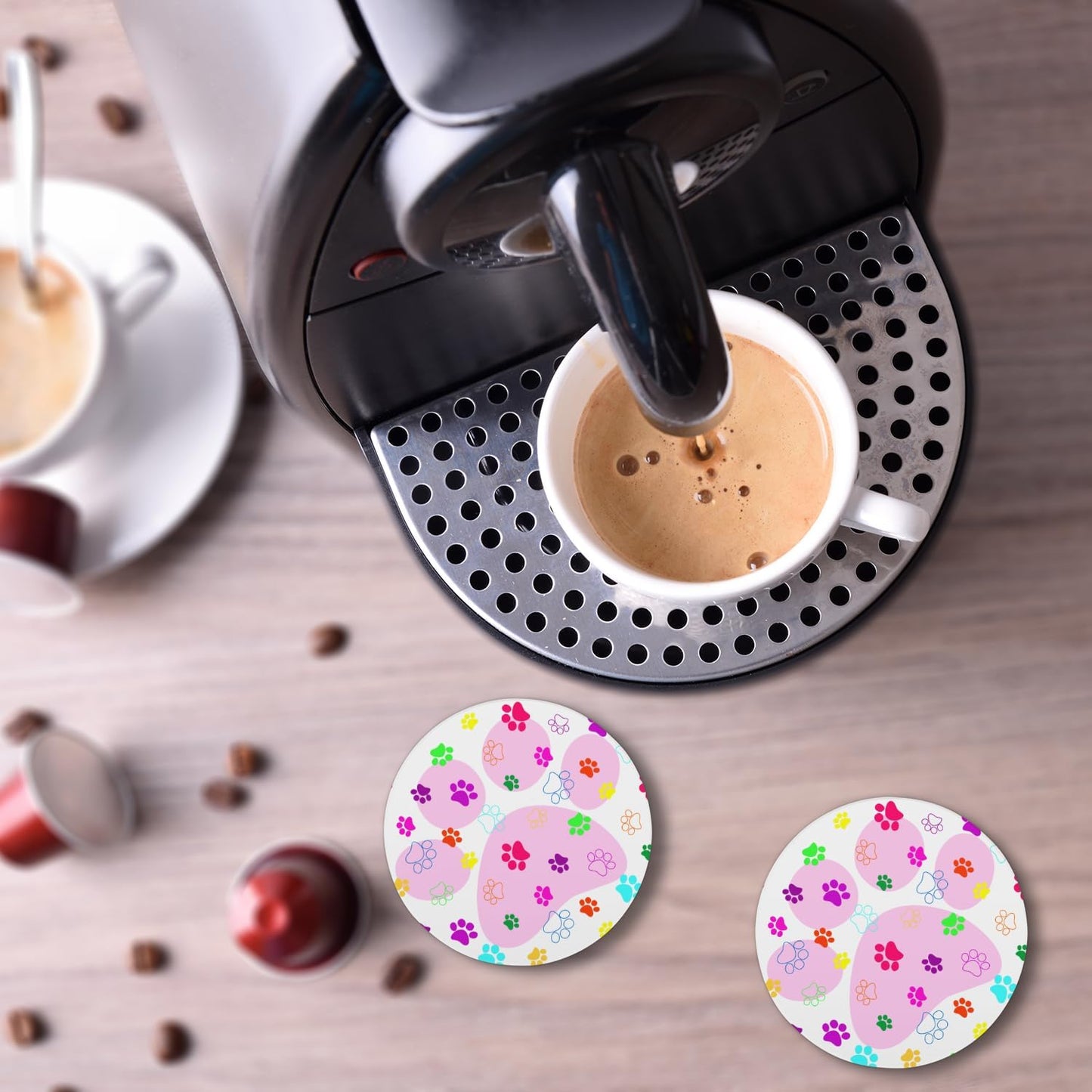 Ceramic Coasters for Drinks with Cork Back, Colorful Paw Prints On Pink 4 Inch Absorbent Coaster Set 1 Pack, Quick Dry Non-Slip Coaster Mats for Home, Office, Bar