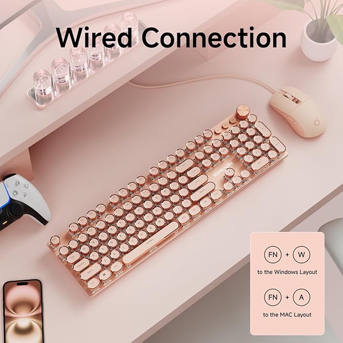 EWEADN Wired Typewriter keyboard and Mouse Combo, Typewriter Style Mechanical Gaming Keyboard,104 Keys Backlit LED Keyboards, Media Control Knob, Wired Keyboard Pink Switch for Windows/Mac/PC-Pink