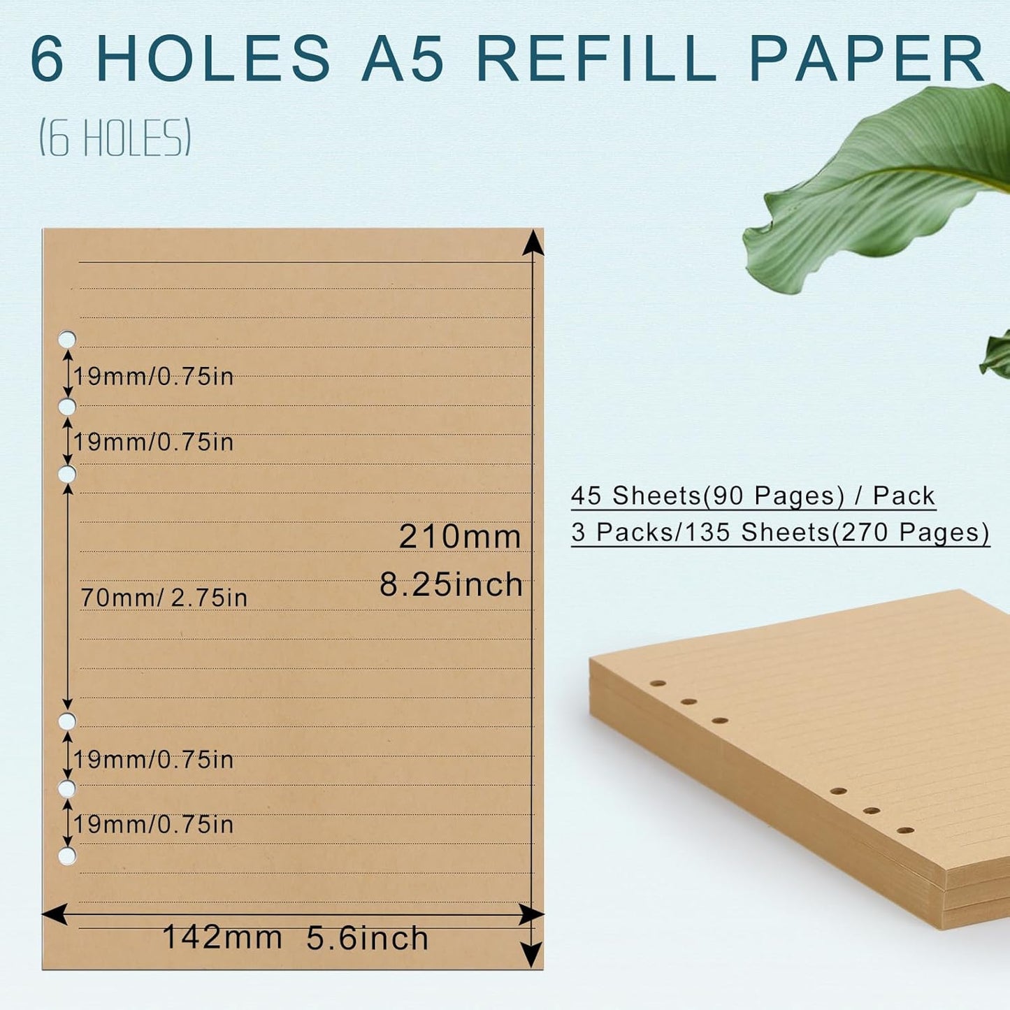 Toplive [3 Pack] A5 Refill Paper - 100GSM Thick 6 Hole Filler Inserts, 135 Sheets (270 Pages) for 6 Ring Binder Journal Notebook, Lined Kraft