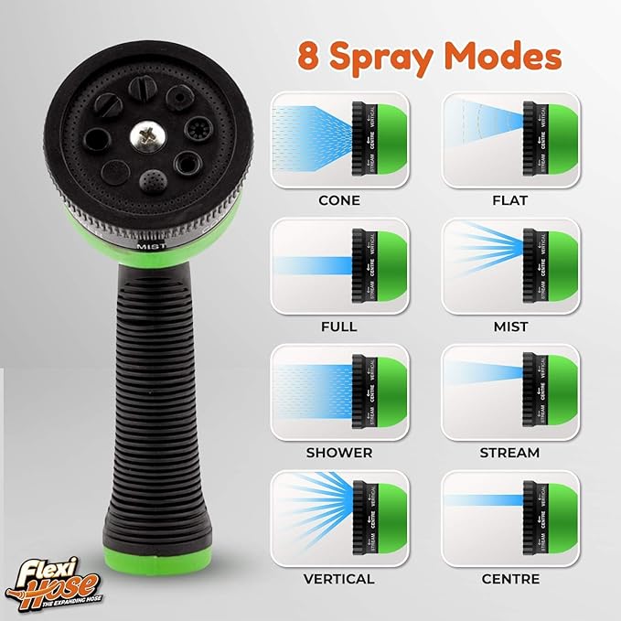 Flexi Hose with 8 Function Nozzle, 25FT - Lightweight Expandable Garden Hose, No-Kink Flexibility, 3/4 Inch Solid Brass Fittings and Double Latex Core - Green