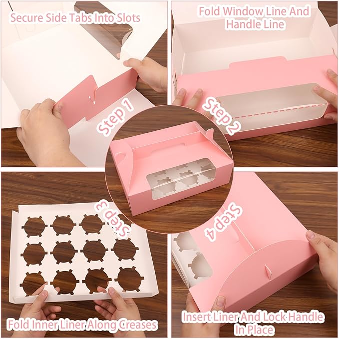 FORBFAN 30 Pcs Cupcake Boxes, 12 Count Muffin Boxes with Handle, Window, and Inserts, Pink Cupcake Holders Bakery Carrier Boxes for Cookies Treats Dessert