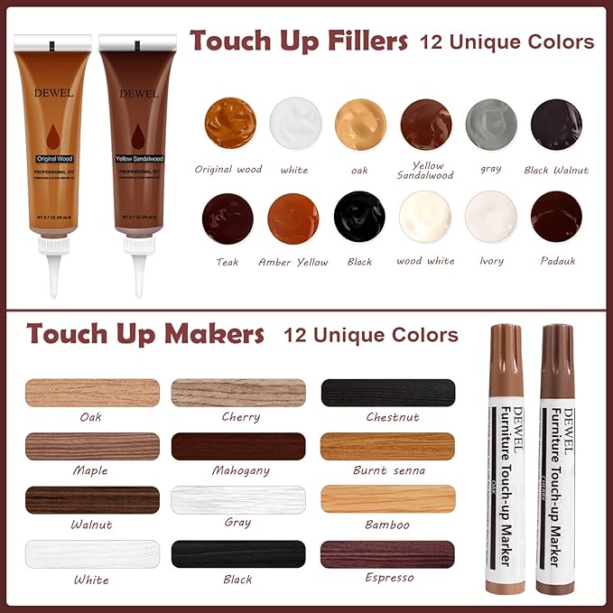 DEWEL Wood Furniture Repair Kit, Wood Floor Scratch Repair Kit, Upgrade 12 Colors Furniture Touch Up Markers and Fillers for Stains, Scratches, Floors, Tables, Bedposts