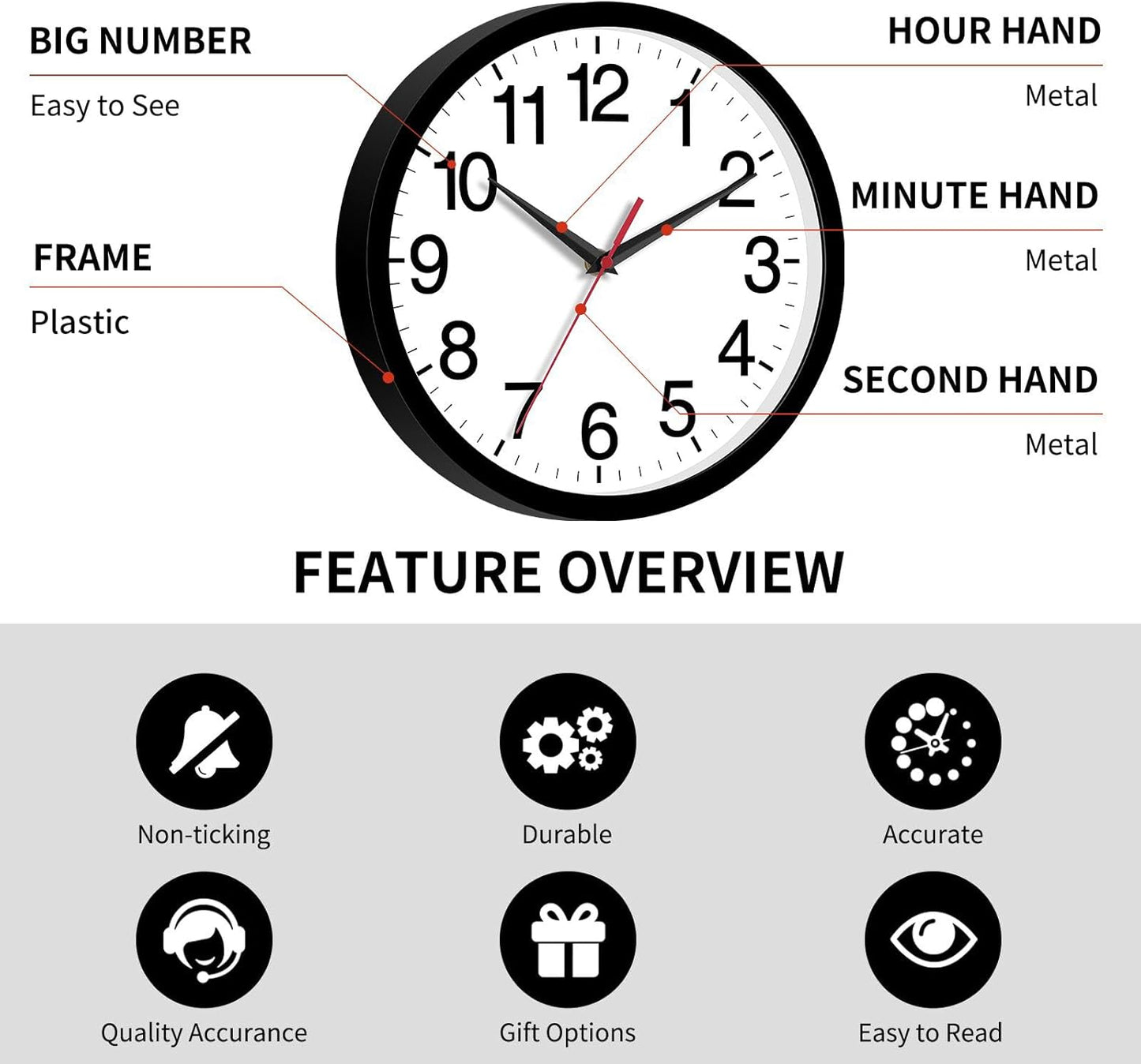 14 Inch Wall Clock Modern Battery Operated Silent Non Ticking Large Analog Clock for Living Room Office Home Bedroom Kitchen Bathroom(Black)