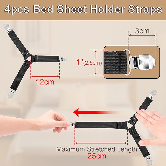 4pcs Bed Sheet Straps Holders, Adjustable Non Slip Elastic Bedsheet Grippers Triangle Mattress Suspenders, Keep in Place Fitted Bed Sheet Holders for Corners, Sofa Cushion, Mattress Cover Straps Black