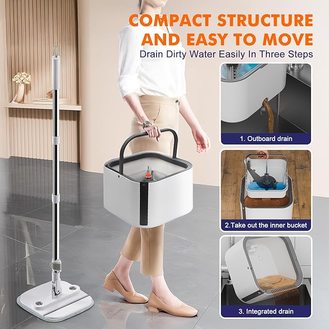 Upgraded Self-Standing Spin Mop and Bucket System, Detachable Inner Mop Bucket Separates Dirty Water & 90° Foldable Head, Triple-Scrub System, 0.9Gal Dual Drainage, for Hardwood Floors (White 6 Pads)