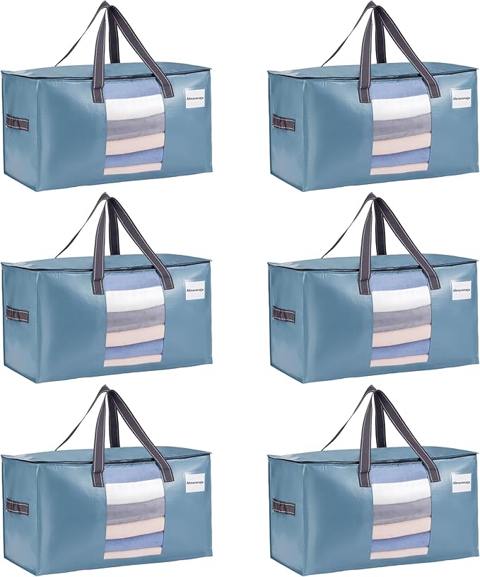 VENO 6 Pack Moving Bags, Comforter and Blanket Storage Bags for Closet, Moving Boxes, Boxes with Lids Alternative, College Dorm Packing Supplies, Foldable Heavy-Duty Tote (Shiny Light Blue, 6 Pack)