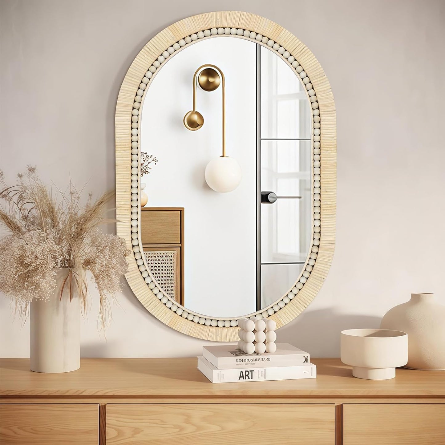ULIKE Rattan Mirror for Bathroom, 24x36 Inch Oval Rustic Farmhouse Wall Decor with Handmade Wicker Frame, Boho Mirror for Nursery Bedroom Living Room Entryway