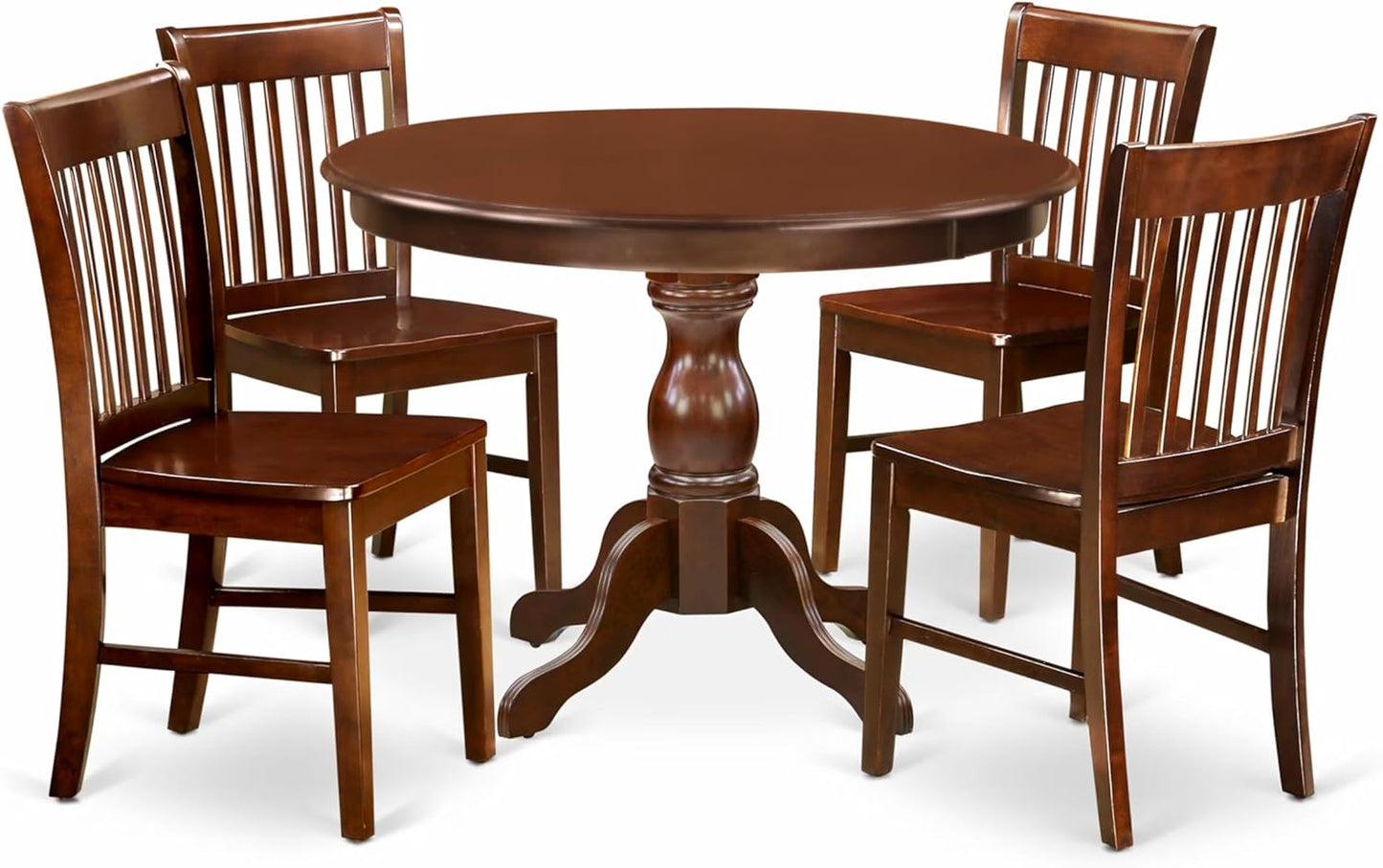 East West Furniture HBNF5-MAH-W 5 Piece Kitchen Table Set for 4 Includes a Round Dining Room Table with Pedestal and 4 Solid Wood Seat Chairs, 42x42 Inch, Mahogany