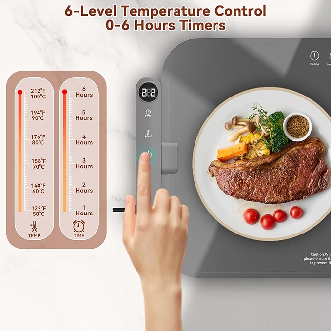 Upgrade Graphene Warming Mat for Food - Full Surface Heating, Waterproof Electric Warming Tray with 6 Temp Modes & 6H Timer for Parties Countertop, Gifts for Mom (Gray)