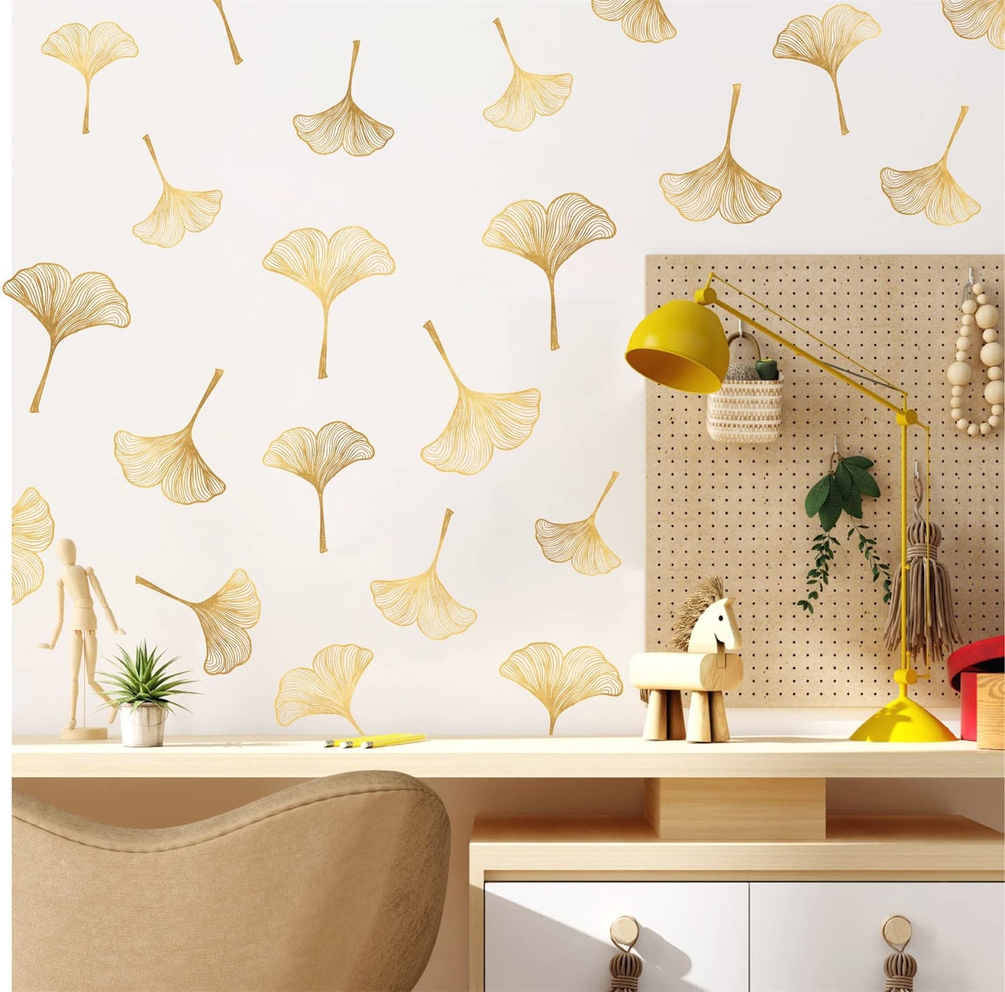 Golden Wall Decals Peel and Stick Golden Leaves Wall Stickers Modern Leaf Vinyl Wall Decals Living Room Abstract Flower Walls Sticker Nordic Plant Walls Art Murals for Bedroom Bathroom Kitchen Decor