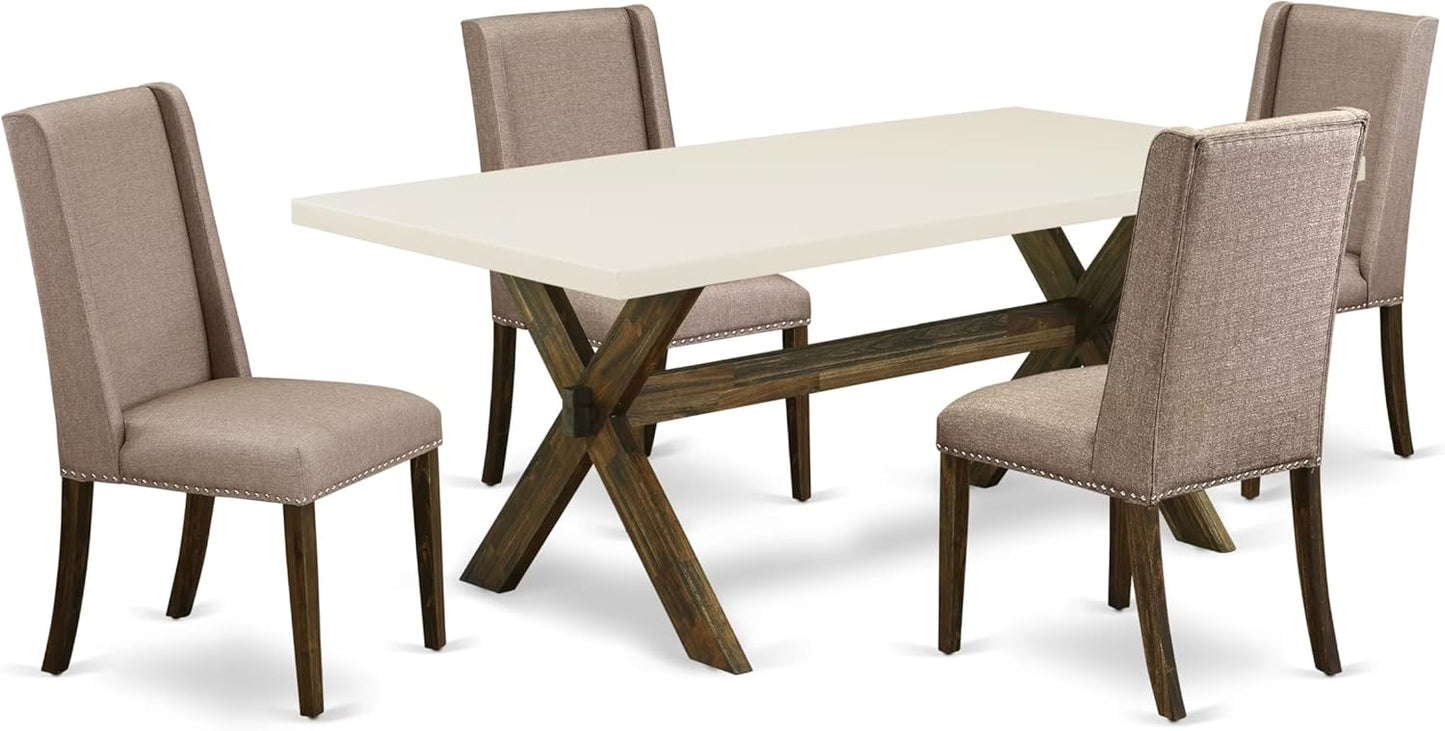 East West Furniture X727FL716-5 5 Piece Dining Set Includes a Rectangle Dining Room Table with X-Legs and 4 Dark Khaki Linen Fabric Upholstered Parson Chairs, 40x72 Inch, Multi-Color