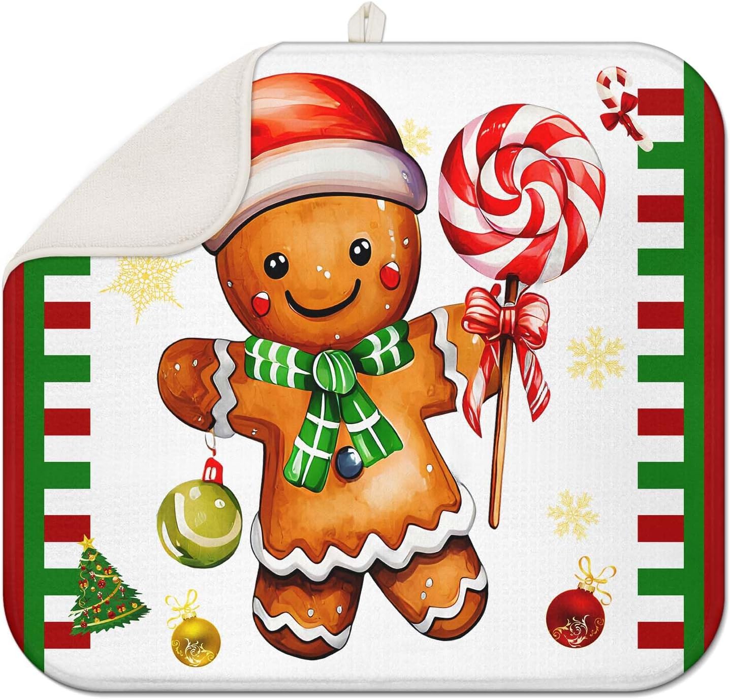 Christmas Drying Mat for Kitchen Counter 16" X 18" Gingerbread Dish Drying Mat for Kitchen Decor Gold Bells and flowers Xmas Drying Mats For Home Counter Drying Mats For Dishes Dish Mat Drying Mat
