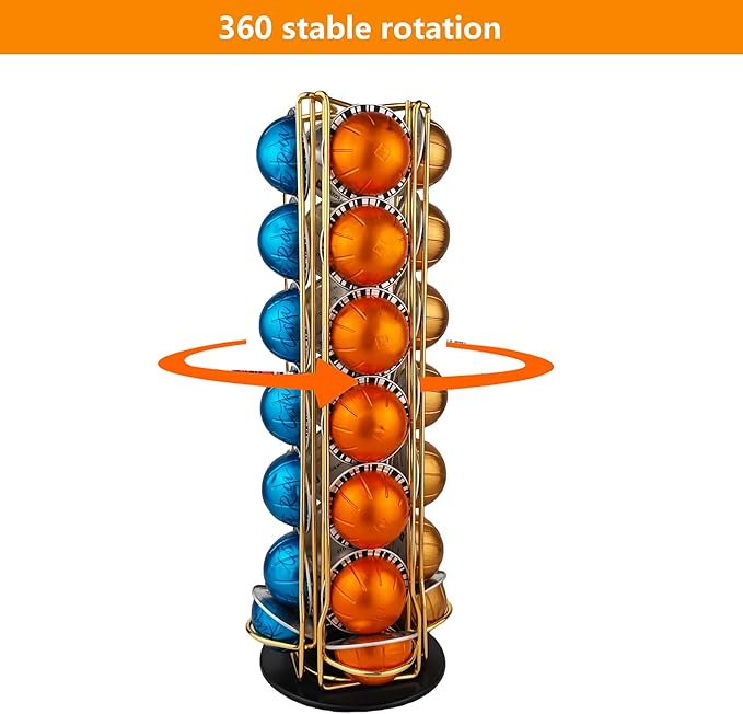 Vertuo Pod Holder Carousel Stand for 28 Nespresso Vertuo Capsule Storage Organizer with Extra Space for Coffee Mate Silent Rolling，Gold