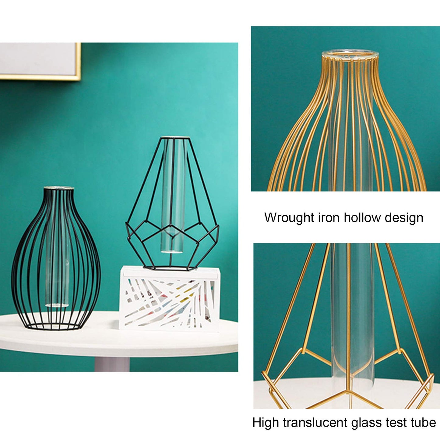 Metal Frame Vase Geometric Glass Flower Vase, Lantern Shape Glass Test Tube Vase, Modern Creative Clear Tube Glass Planter Terrariums with Geometric Metal Stand for Decor Office Home (Black B)