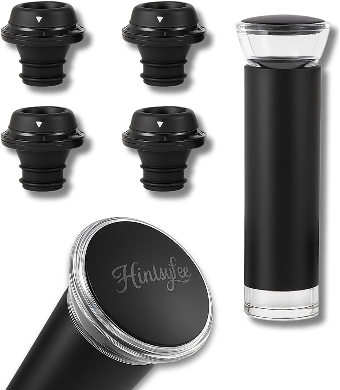 Wine Vacuum Pump & 4 Reusable Stoppers – Airtight Wine Preserver Set Keeps Wine Fresh Up to 15 Days – Manual Wine Saver Bottle Sealer Kit & Gift for Wine Lovers (Black)