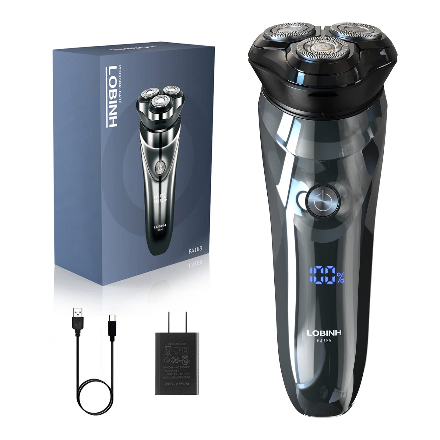 Mens Electric Shaver - LOBINH 3D Rechargeable Waterproof IPX7 Wet & Dry Shaving Electric Razor Rotary Shaver for Men with Pop-u