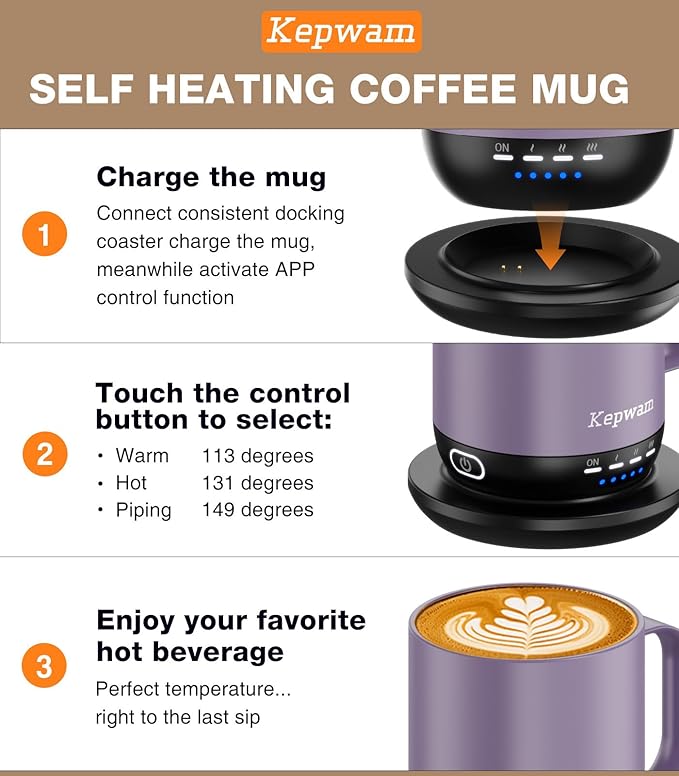 Kepwam Heated Coffee Mug T1-14oz Fast Heating & Longer Battery Life Self Heating Coffee Mug Hot to 149℉ - Touch & App Controlled Mug Coffee and Hot Beverage Warmer, Gifts for Women and Men