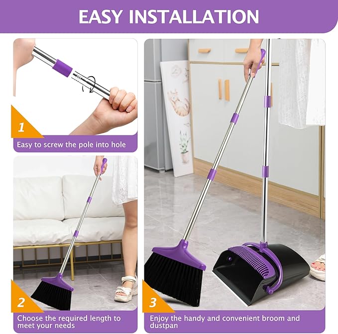 Broom and Dustpan Set, Long Handle Lightweight Dustpans with Broom Combo for Home Sweeping for Room Kitchen Office Purple