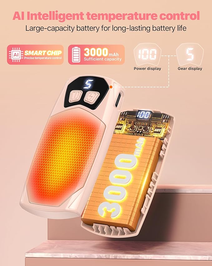 Kesguar Hand Warmers Rechargeable 2 Pack - 6000mAh Electric AI Handwarmers, LED Display & 5-Level Heating, 20Hrs Long Lasting, 2-in-1 Portable Heater, Gifts for Men/Women/Golf/Hunting