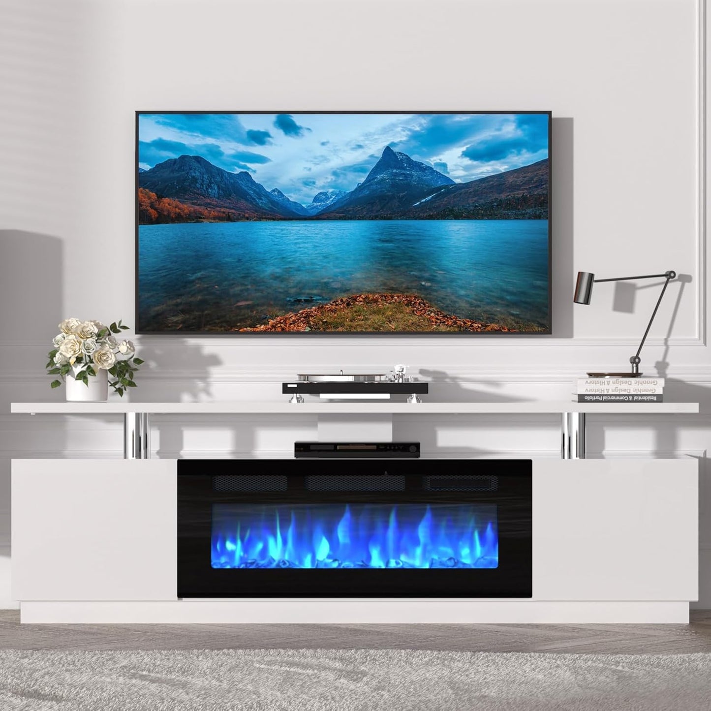 GarveeHome 70 Inch Fireplace TV Stand with 36 Inch Electric Fireplace, 12 Colors LED Lights, 750W/1500W for Max 80 Inch TV, 2 Tier Storage 2 Door Cabinet