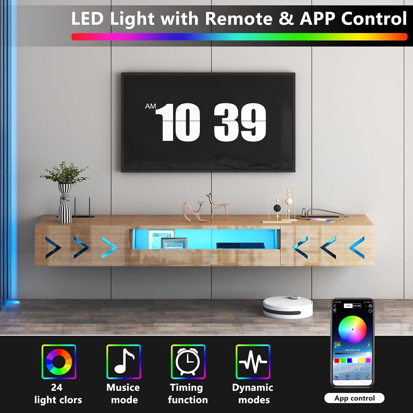 Floating TV Stand, 71" Floating Entertainment Center Wall Mounted,Floating Wall Mounted TV Shelf with Led Lights and Power Outlet,Modern High Gloss tv Cabinet Media Console with Storage