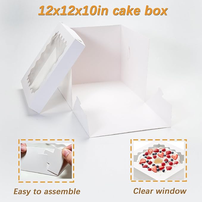 4pcs 12 Inch Tall Cake Boxes, 12x12x10in White Bakery Boxes for Tier Cakes with Window,10in 12in Baking Boxes,Large Cardboard Bakery Take Out Carrier Containers with Lids