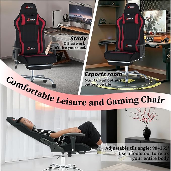 Fabric Gaming Chair, Skin-Friendly and Breathable, Manufactured by A Reputable Manufacturer, Safe and Stable, Specially Designed for Gaming.with Footrest Mg(1005-Red)
