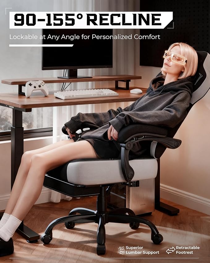 GTPLAYER Gaming Chair, Computer Chair with Footrest and Lumbar Support for Adults, 360°-Swivel Big & Tall Reclining Seat for Office or Gaming (Black)