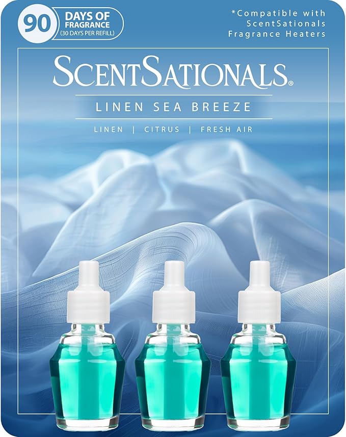 Scentsationals Fragrance Oil Plug In Air Freshener Refills 3-Pack - Linen Sea Breeze - Works with Scentsationals Wall Plugs, Long-Lasting Home Fragrance, 0.8 fl oz Each, Packaging May Vary