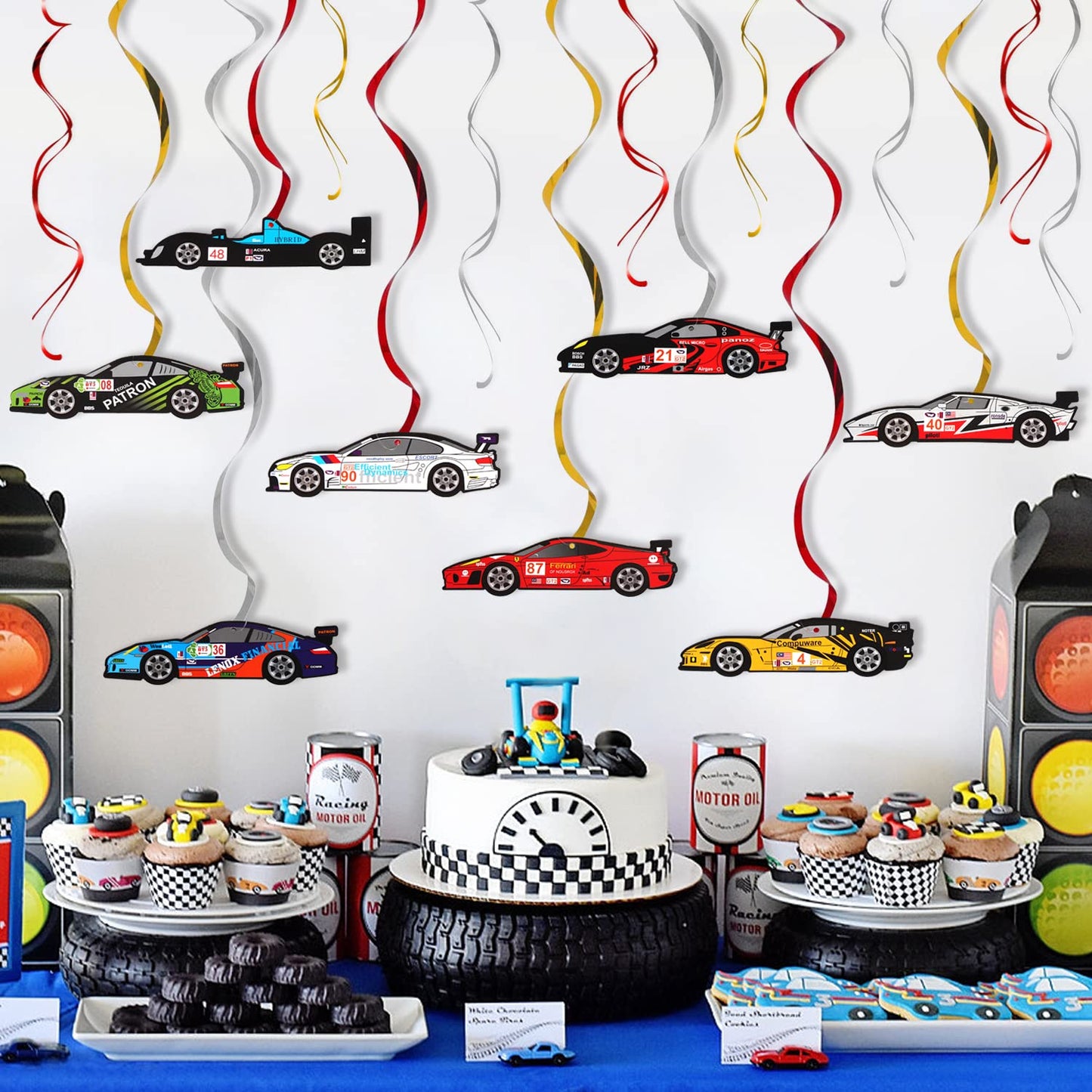 Racing Car Party Foil Swirls Streamers Photo Booth Props Kit - 30 Pcs Room Hanging Decorations Happy Birthday Childrens Kids Favors Party Supplies - NO DIY REQUIRED