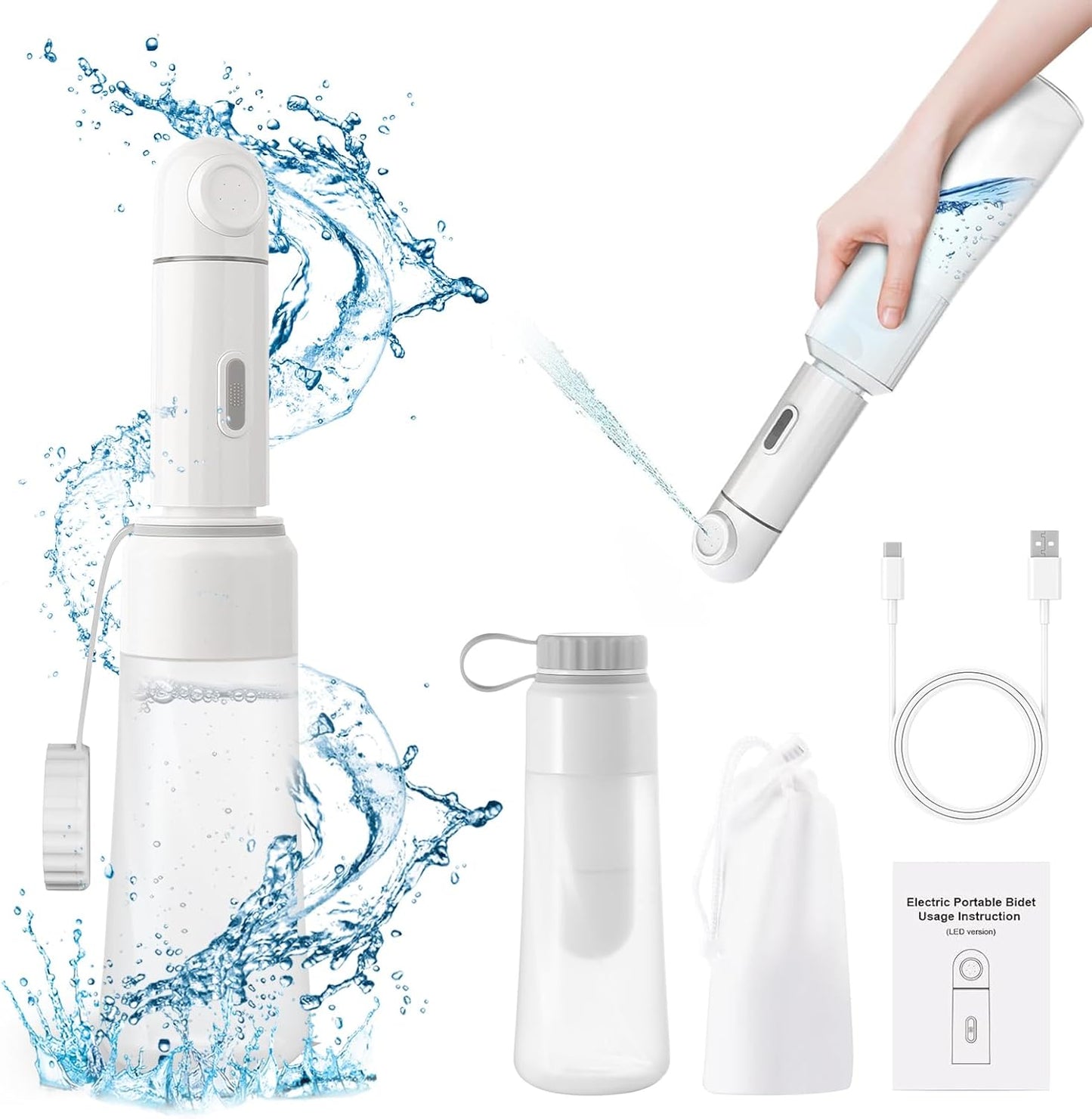 Portable Electric Travel Bidet, 350ML Electric Sprayer Bidet with Built-in Body for Easy Storage, Two Pressure Modes for Personal Hygiene Cleaning for Women and Men , White