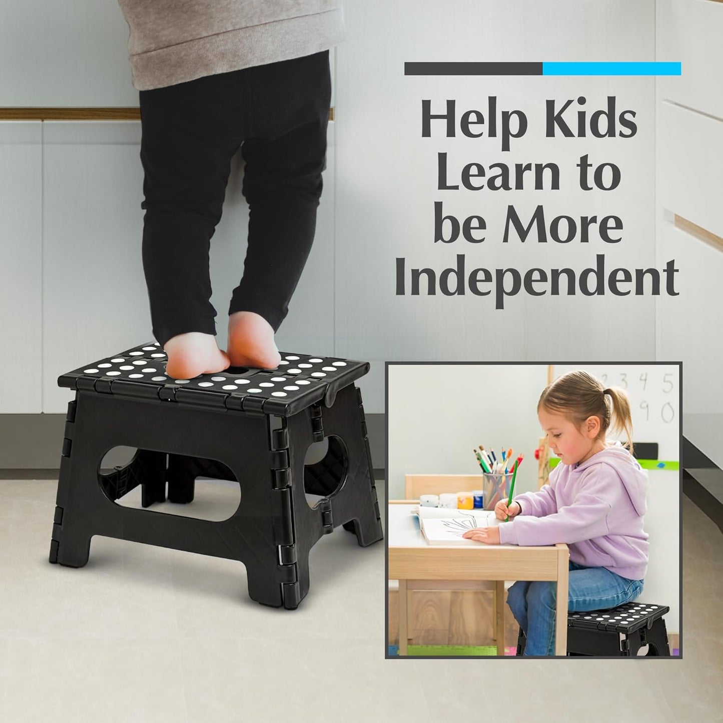 Handy Laundry Folding Lightweight Step Stool - Sturdy Enough to Support Adults and Safe Enough for Kids - Opens Easy with One Flip - Great for Kitchen, Bathroom or Bedroom (Black | 2-Pack)
