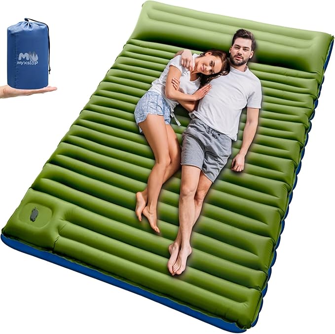 Camping Sleeping Pad, Ultralight Camping Mat with Pillow, Built-in Foot Pump Inflatable Sleeping Pads Compact for Camping Backpacking Hiking Traveling Tent,Double,Green.