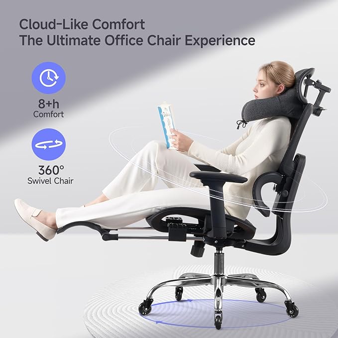 Office Chair with Footrest, Ergonomic Chair with Neck Pillow & Rubber Wheels, Computer Chair with Adjustable Backrest & 3D Armrests Headrest, Gaming Chair Adaptive Lumbar Support, Black